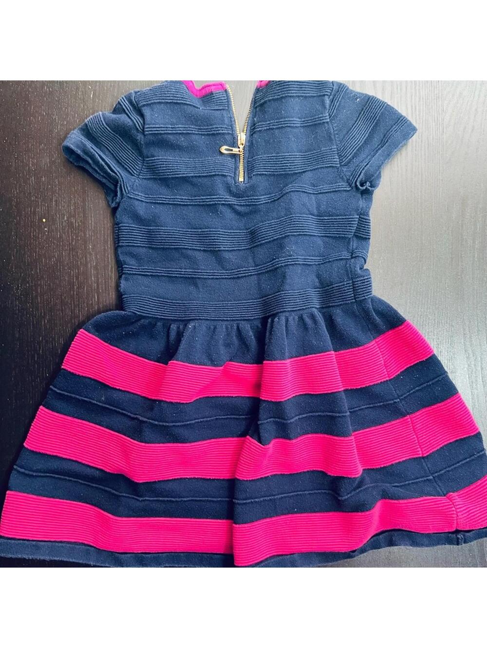 Blue and Pink Fit and Flare Dress with Plunge Neckline
